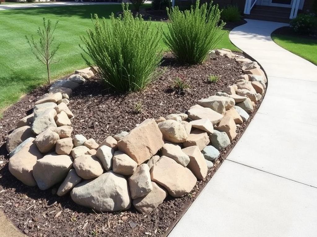 Rock and stone border along a walkway garden bed