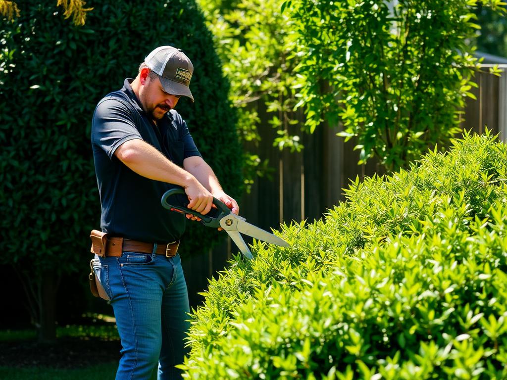 A crew member trimming a hedge with shears